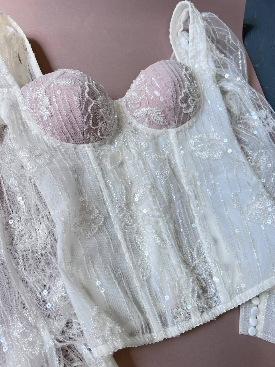 épine♡lace tulle bustier Floral Beaded Lace Wedding Custom Corset, Removable Long
