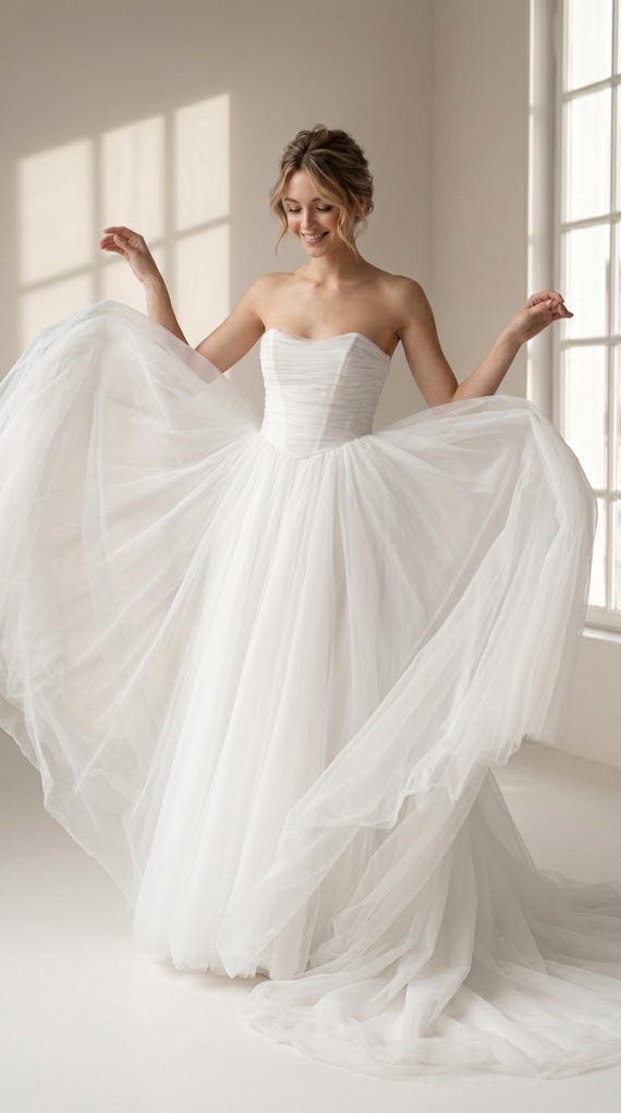 tulle layered wedding dress Draped Corset With Skirt, Voluminous Bridal Gown With Train, Structured Corset and Tulle FALL 2-2025