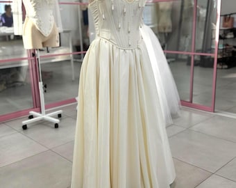 Beaded Appliqué Corset Set, Taffeta, Back Ties, Lined Leg Slit Skirt, Formal Wear, Prom Dress, Wedding Outfit