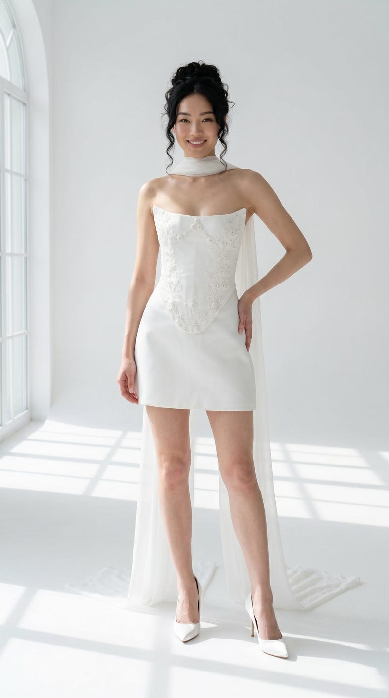 A woman wearing a white strapless dress with a long train, posing in a bright, white room with a window.