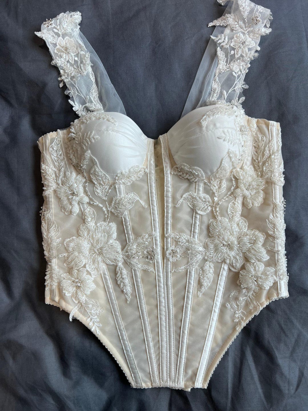 Ivory Mesh Corset Top With Satin Cups, Flower Embroidery White