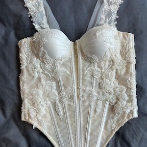 Ivory Mesh Corset Top With Satin Cups, Flower Embroidery White Lacing Back Wedding Bridal Gown, Honeymoon Corrective Made To Order Corset