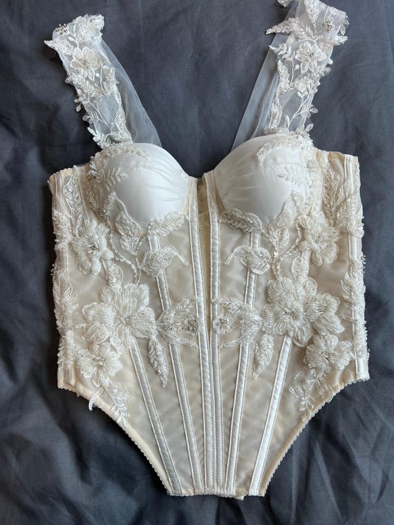 Ivory Mesh Corset Top With Satin Cups, Flower Embroidery White