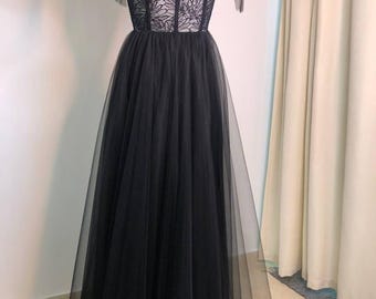 Black Corset Wedding Dress, Black Mesh Bridal Gown, Wedding Black Dress Train, A-line Wedding Dress, Boho Wedding Separates, Tull Skirt