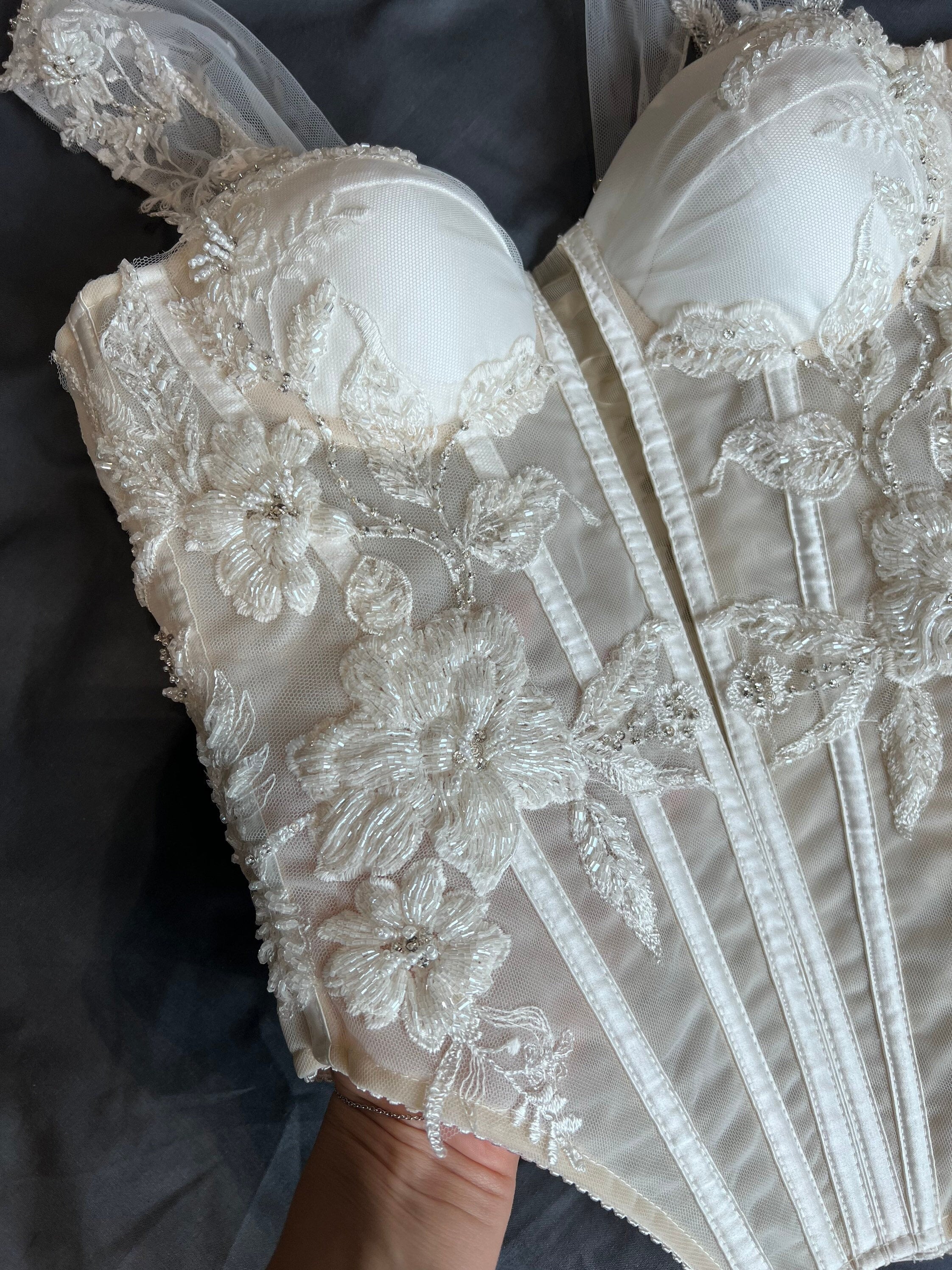 Ivory Mesh Corset Top With Satin Cups, Flower Embroidery