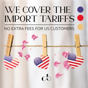 The image is a promotional graphic for a business that covers the import Tariffs, stating that there are no extra fees for US customers.