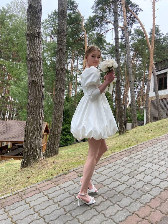 Short Satin Engagement Party Dress, Puffy Skirt and Long Sleeves Wedding  Dress, Short Dress, Bespoke Orders Custom Made to Order Dress - Etsy UK