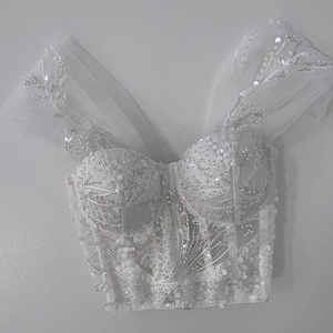 Floral Beaded Lace Wedding Custom Corset, Bespoke Order Short Sleeves Corset Top, Lacing Back Abstract Lace Honeymoon Ivory Lingerie