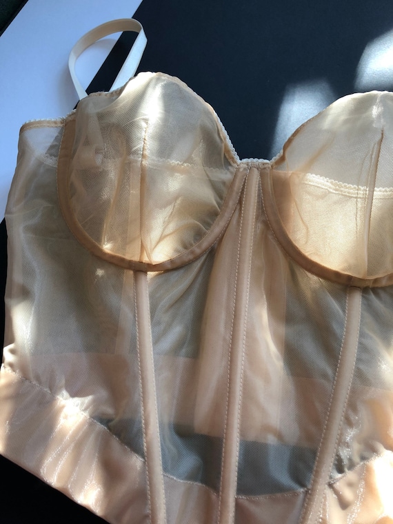 Beige Corset Top With Soft See Through Cups, Mesh Bustier