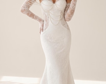 Lace Wedding Dress in Ivory, Bridal Gown with Pearls, Satin Lace Gown, Metal Boning Dress, Black Lace Gown
