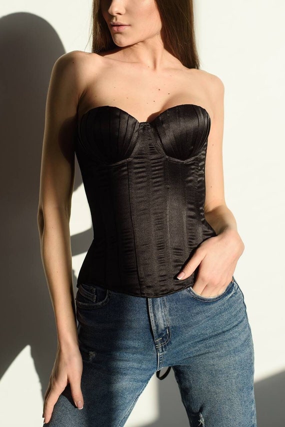 Black Satin Corset Top, Bustier Custom Corset Tops, Crop Top, Plus