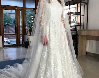 Sparkling Floral Lace Ivory Princess Wedding Dress Made To Order, Elegant Beaded A-line Bridal Dress With Long Sleeves, Long Train Dress