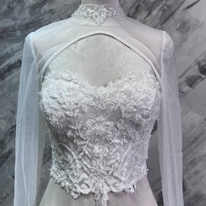 Floral Beaded Lace Wedding Custom Corset, Long Sleeves Corset Top With Collar Rack, Lacing Back Abstract Lace Honeymoon Ivory Lingerie