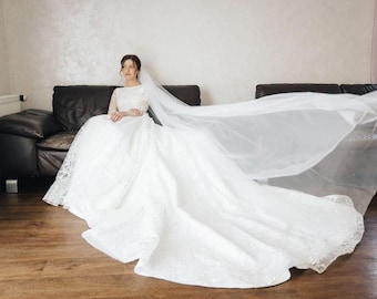 Elegant Beaded A-line Bridal Dress With Long Sleeves, Long Train Dress, Sparkling Floral Lace Ivory Princess Wedding Dress Made To Order