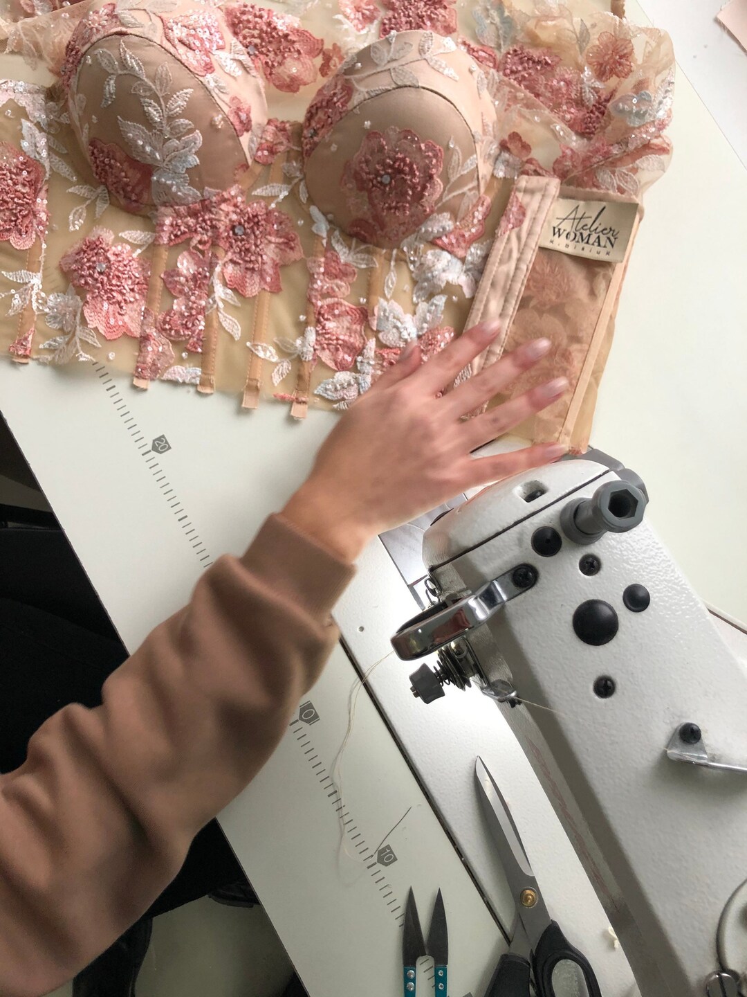 Bridal Nude and Blush Pink Flowers Lace Short Corset Top, Long Sleeves Beaded Bridal Gown With