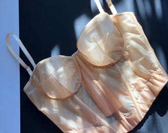 Beige Corset Top With Soft See Through Cups, Mesh Bustier Custom Corset Tops, Crop Top, Plus Size Waist Training Corset, Lacing Up Corset