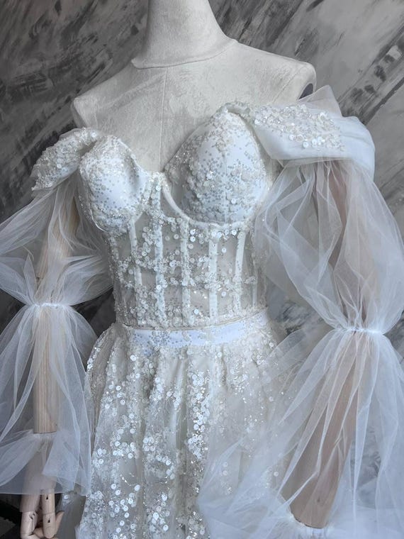 Bridal Gown Set, Puffy Glitter Wedding Skirt, Mesh Flower Beaded Embroidery Corset Top, Removable Sleeves, Custom Bespoke Made to Order Set
