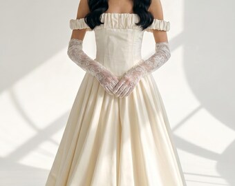 Ivory Taffeta Long Wedding Dress with Gloves and Cap, Vintage Style Wedding Gown, Custom Made Dress