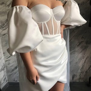 Vestido de fiesta de compromiso con corsé de satén corto color marfil, vestido de novia con mangas desmontables abullonadas, pedidos a medida, vestido hecho a medida