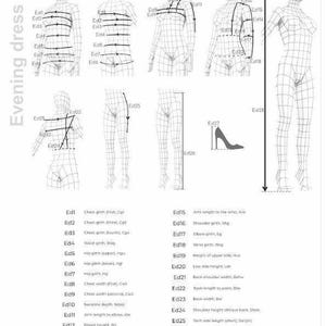 Pu&ograve; includere: Un diagramma tecnico intitolato Evening dress che mostra un manichino a struttura metallica con vari punti di misurazione corporea etichettati da Ed1 a Ed28. Il grafico illustra circonferenze, larghezze e lunghezze anatomiche per la sartoria.
