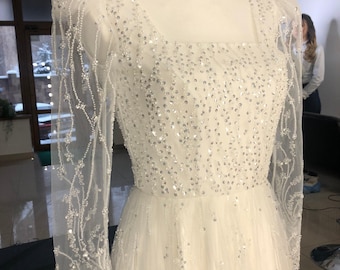 Beaded Floral Lace Ivory Princess Wedding Dress Made To Order, Elegant Sparkling A-line Bridal Dress With Long Sleeves, Long Train Dress