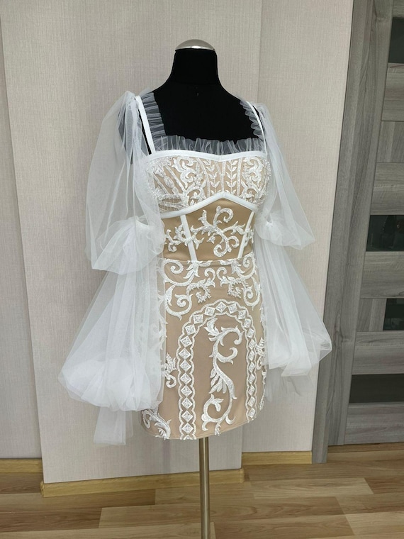 Short Ivory Flower Lace Engagement Party Dress, Beige Bridal Gown, Puffy Long Sleeves Wedding Dress Bespoke Custom Made to Order Dress - Etsy Norway Short Ivory Flower Lace Engagement Party Dress, Beige Bridal Gown, Puffy Long Sleeves Wedding Dress Bespoke Custom Made to Order Dress - Etsy Norway