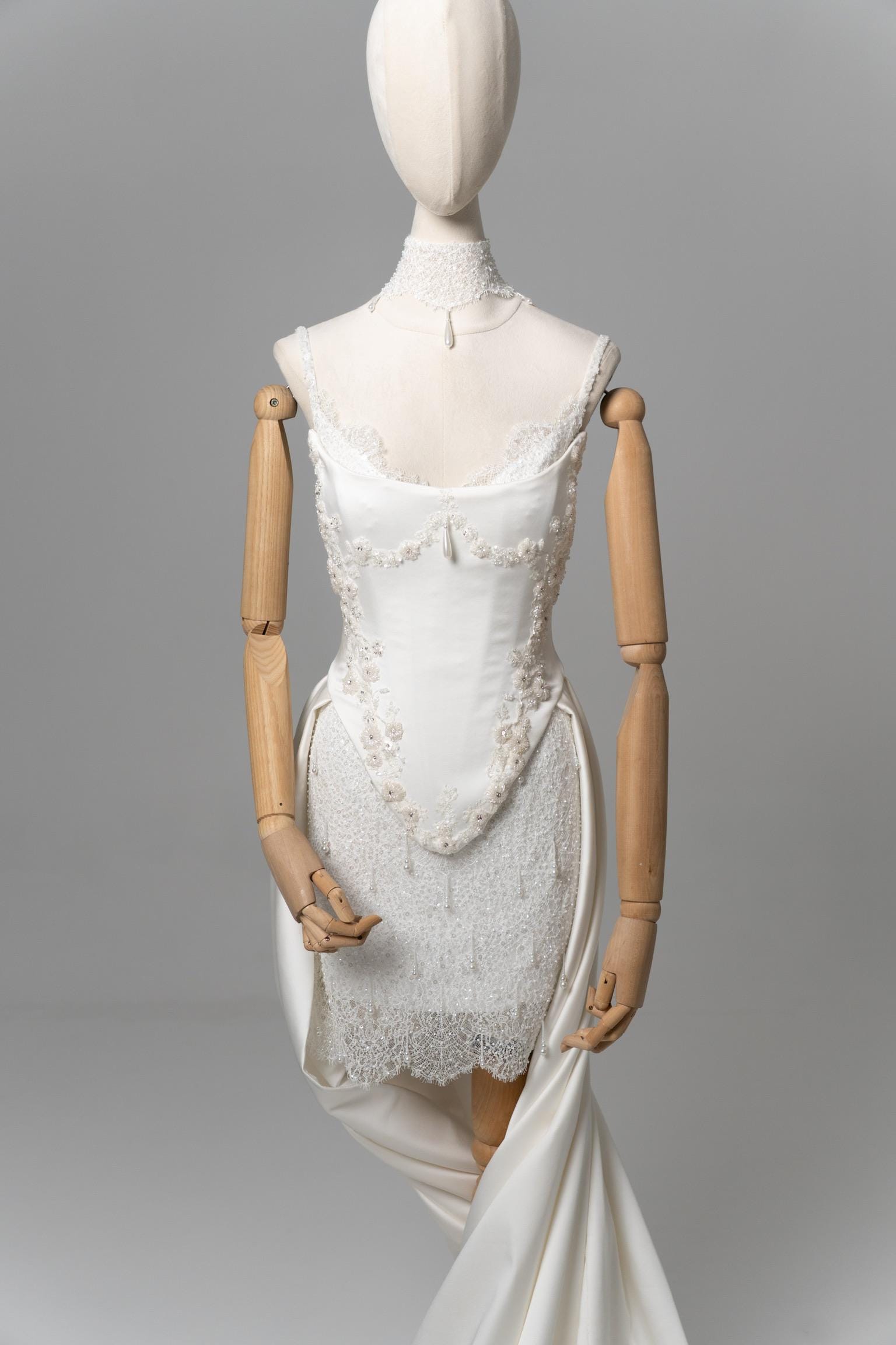 Ivory Lace Mini Dress Set - Beaded Corset and Detachable Satin Train - Etsy