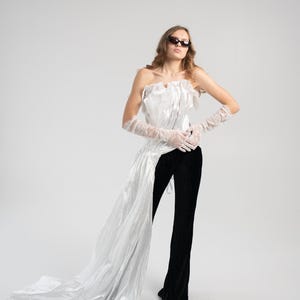 Sculptural Taffeta Corset with Ruffles and Train, Ivory Draped Corset Top for Bridal or Formal Look