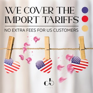 The image is a promotional graphic for a business that covers the import Tariffs, stating that there are no extra fees for US customers.