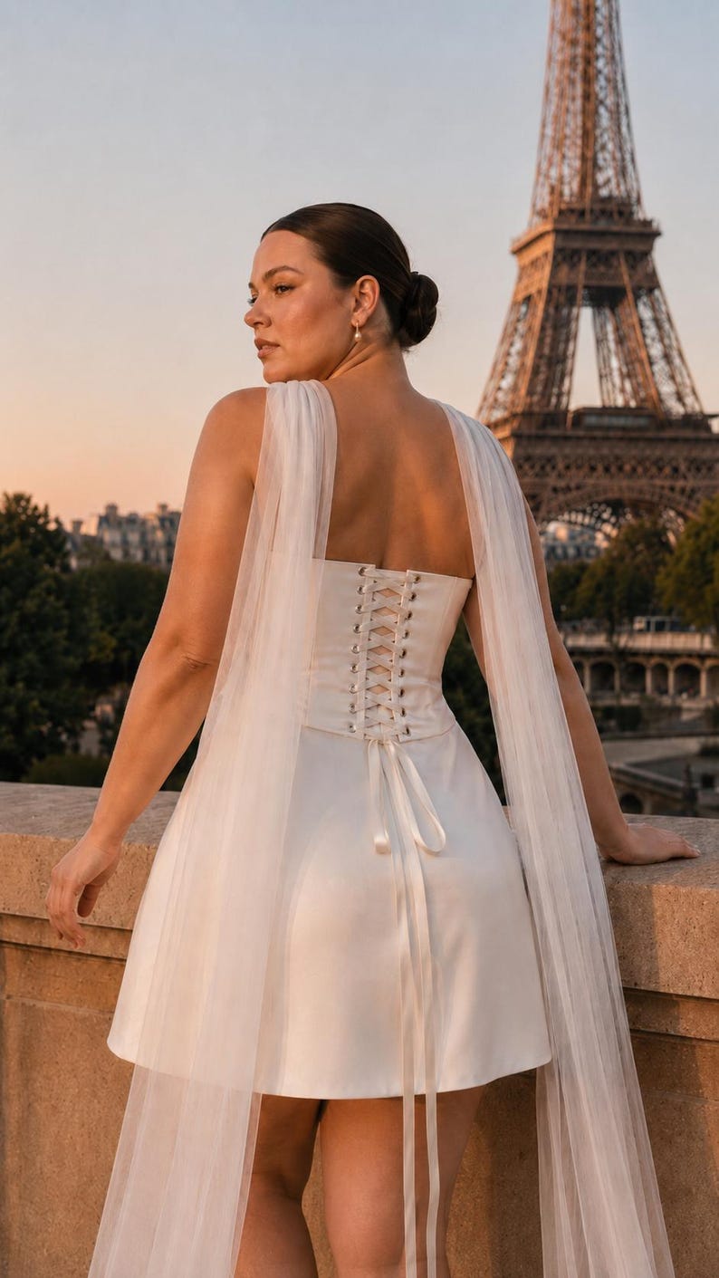 Puede incluir: Un vestido corto blanco sin mangas que presenta una espalda estilo cors&eacute; con detalles de cordones y largos paneles de tela de tul transparente y fluida unidos a los hombros que caen por la parte posterior de la prenda hasta el dobladillo.