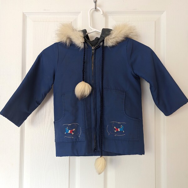 Vintage 60s 70's Beautiful Blue Child’s Inuit Parka Jacket Hooded Fur Trim Handmade Hand Sewn Kid’s Clothing Made in Canada Canadiana