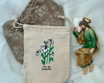 Catholic Chapel Veil Bag, Handmade Embroidered,Catholic Gifts for Women, St. Joseph, 100% Cotton Canvas Drawstring