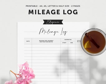 Mileage Log | Mileage Tracker | Car Mileage | Business Trip Miles | Printable PDF | A4, A5, Letter & Half | Instant Download | EL