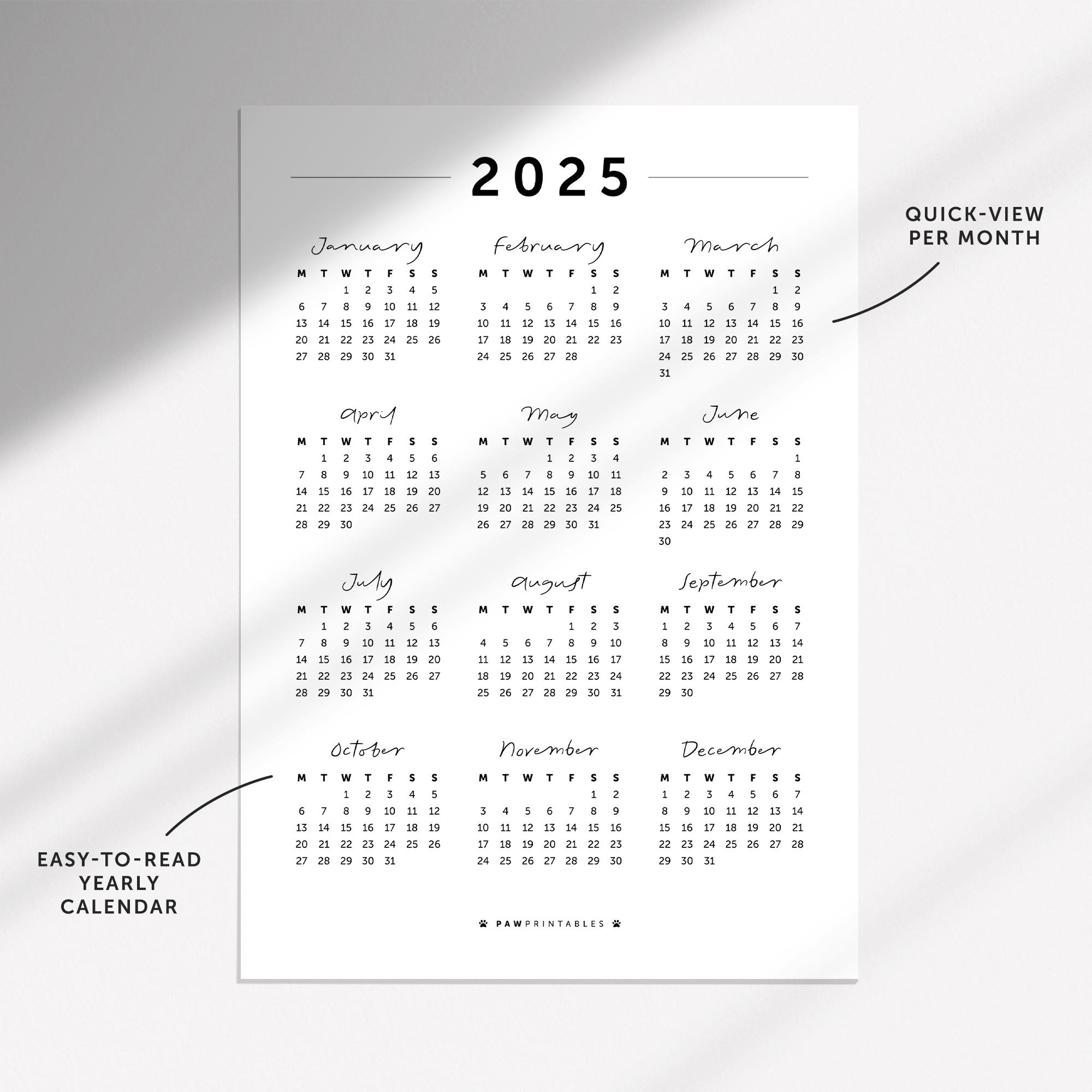 2025 Yearly Calendar | Year-at-a-glance Portrait Printable Calendar