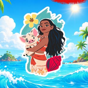 May include: A die-cut sticker featuring a cartoon character with long dark hair holding a small piglet, accompanied by a yellow flower and a red seashell. The design is set against a tropical beach background with blue ocean waves and palm trees.