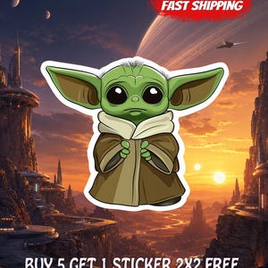 May include: A die-cut sticker featuring a green, large-eared creature with large black eyes, wearing a tan robe. The background displays a sunset over a futuristic alien landscape with tall structures, moons, and a spacecraft in the sky.