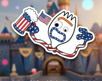 4th of July Forky Sticker, USA Flag Vinyl Decal, Funny Disney Forky Sticker, Day Drinking Party Sticker, Independence Day Gift, Car Magnet