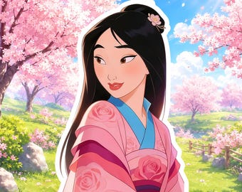 Princess Mulan Sticker, Disney Mulan Vinyl Decal, Cherry Blossom Cartoon Sticker, Asian Warrior Princess Laptop Water Bottle Gift