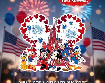 4th of July Disney Castle Sticker, Patriotic Cartoon Friends Decal, USA Independence Day Fireworks Sticker Gift