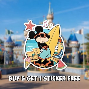 May include: A colorful sticker featuring Mickey Mouse in sunglasses, holding a surfboard on a beach scene. The sticker includes a starfish, musical notes, an ice cream cone, and a watermelon slice. The text "BUY 5 GET 1 STICKER FREE" is at the bottom.