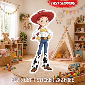 May include: A die-cut sticker featuring a cartoon cowgirl with red hair in a braid, wearing a red cowboy hat, a white shirt with yellow accents, blue pants, and cow-print chaps. The character stands with hands on hips in a playroom setting.