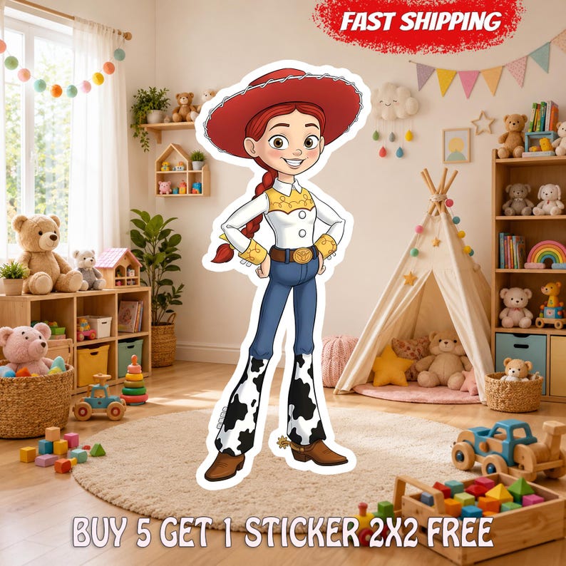 May include: A die-cut sticker featuring a cartoon cowgirl with red hair in a braid, wearing a red cowboy hat, a white shirt with yellow accents, blue pants, and cow-print chaps. The character stands with hands on hips in a playroom setting.