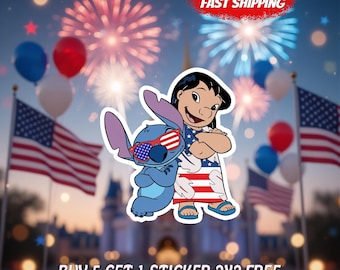 Patriotic Lilo Stitch Sticker, 4th of July Disney Inspired Decal, Cute America Vinyl Sticker, Red White Blue Gift
