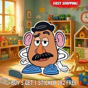 May include: A cartoon sticker of a potato-shaped character with a black hat, mustache, and blue shoes, standing with hands on hips. The character has pink ears, white gloves, and a neutral expression, presented as a graphic illustration.