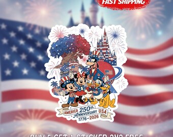America 250th Anniversary Sticker, Patriotic Cartoon Friends Decal, USA 1776-2026 Fireworks Vinyl Sticker Gift, 4th July Sticker