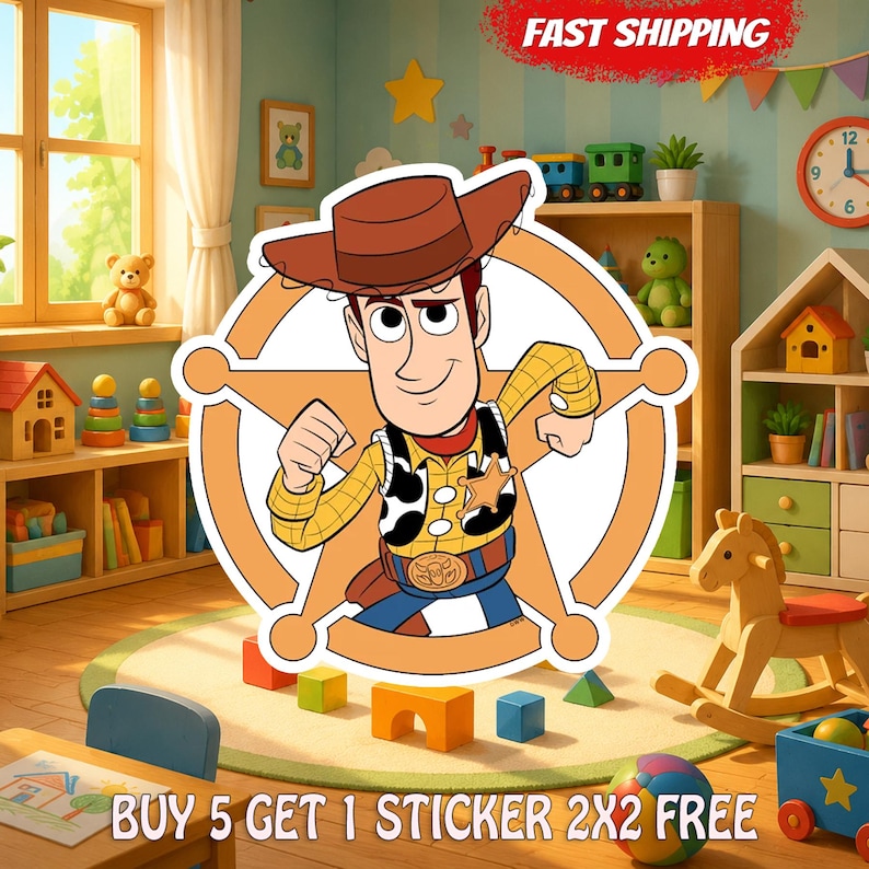 May include: A die-cut sticker featuring a cartoon cowboy character wearing a brown hat, yellow plaid shirt, and cow-print vest, centered over a large orange sheriff star badge. The design has a white border and a smooth, matte finish.