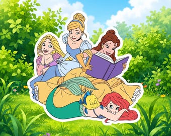 Disney Princess Book Club Sticker, Ariel Belle Cinderella Rapunzel Vinyl Decal, Cute Princess Reading Sticker,Waterproof Laptop Water Bottle