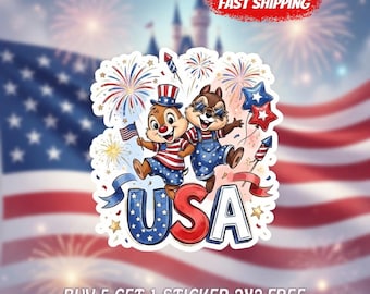 Patriotic Chipmunk USA Sticker, Cute 4th Of July Vinyl Decal, Independence Day Fireworks Sticker, Waterproof Laptop Water Bottle Sticker