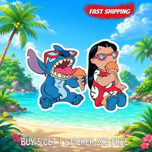 Pegatina de Lilo y Stitch, calcomanía de vinilo de dibujos animados de Disney, linda pegatina de los personajes Stitch y Lilo, calcomanía para laptop o botella de agua para niños, regalo imagen 1