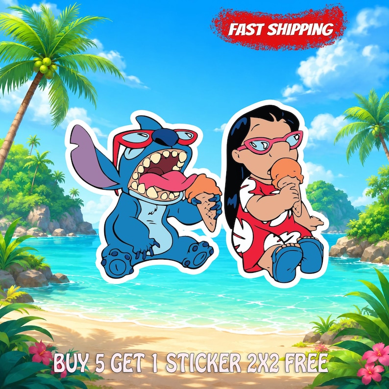 Pegatina de Lilo y Stitch, calcomanía de vinilo de dibujos animados de Disney, linda pegatina de los personajes Stitch y Lilo, calcomanía para laptop o botella de agua para niños, regalo imagen 1